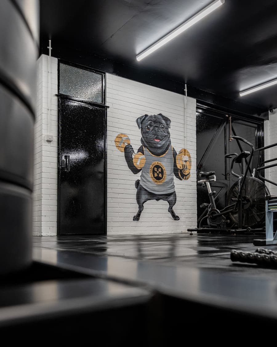 The entrance door onto the training floor, next to a mural of a bulldog in an ODAAT Fitness vest lifting two gold dumbbells